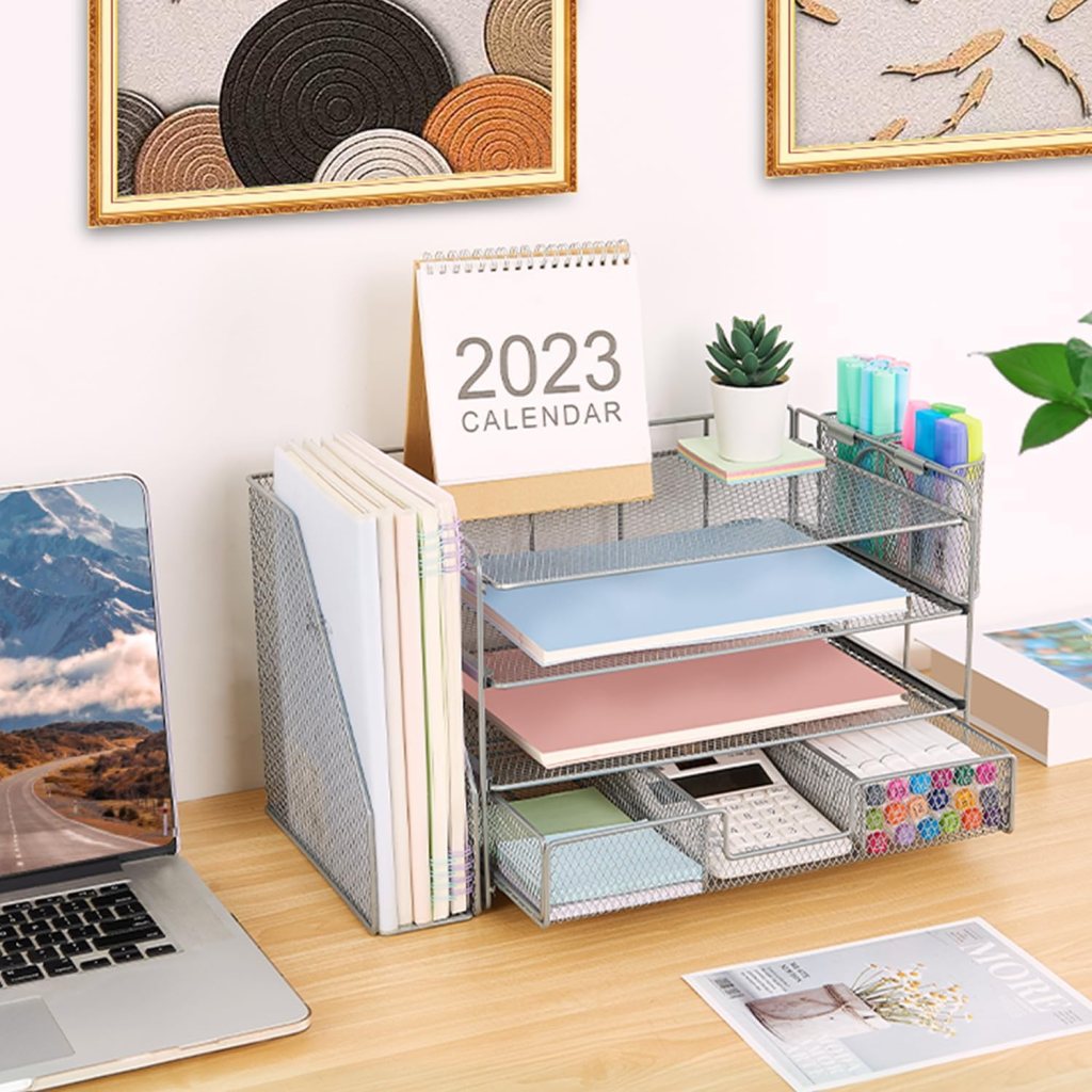 Desk organizer set with file holder, pen cup, and sticky note holder.