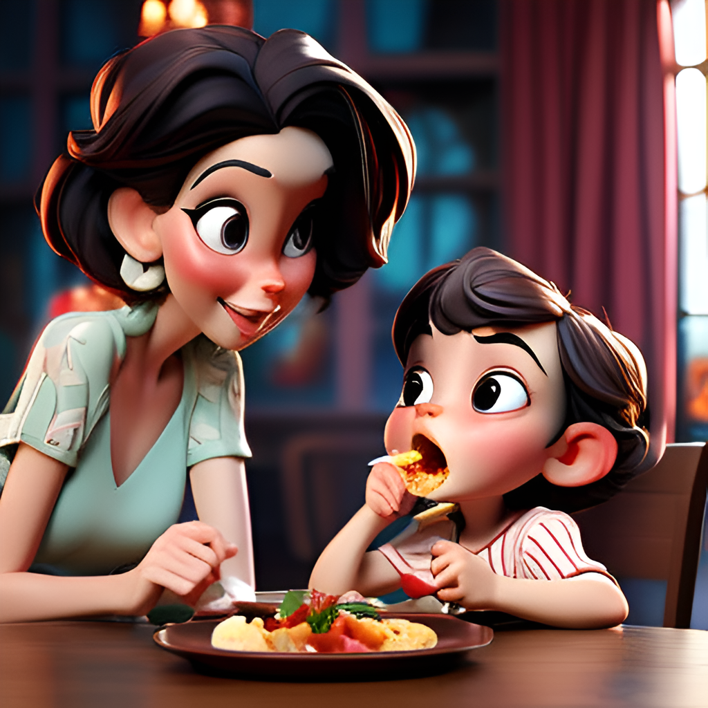 A parent and child share a peaceful meal, savoring each bite mindfully.