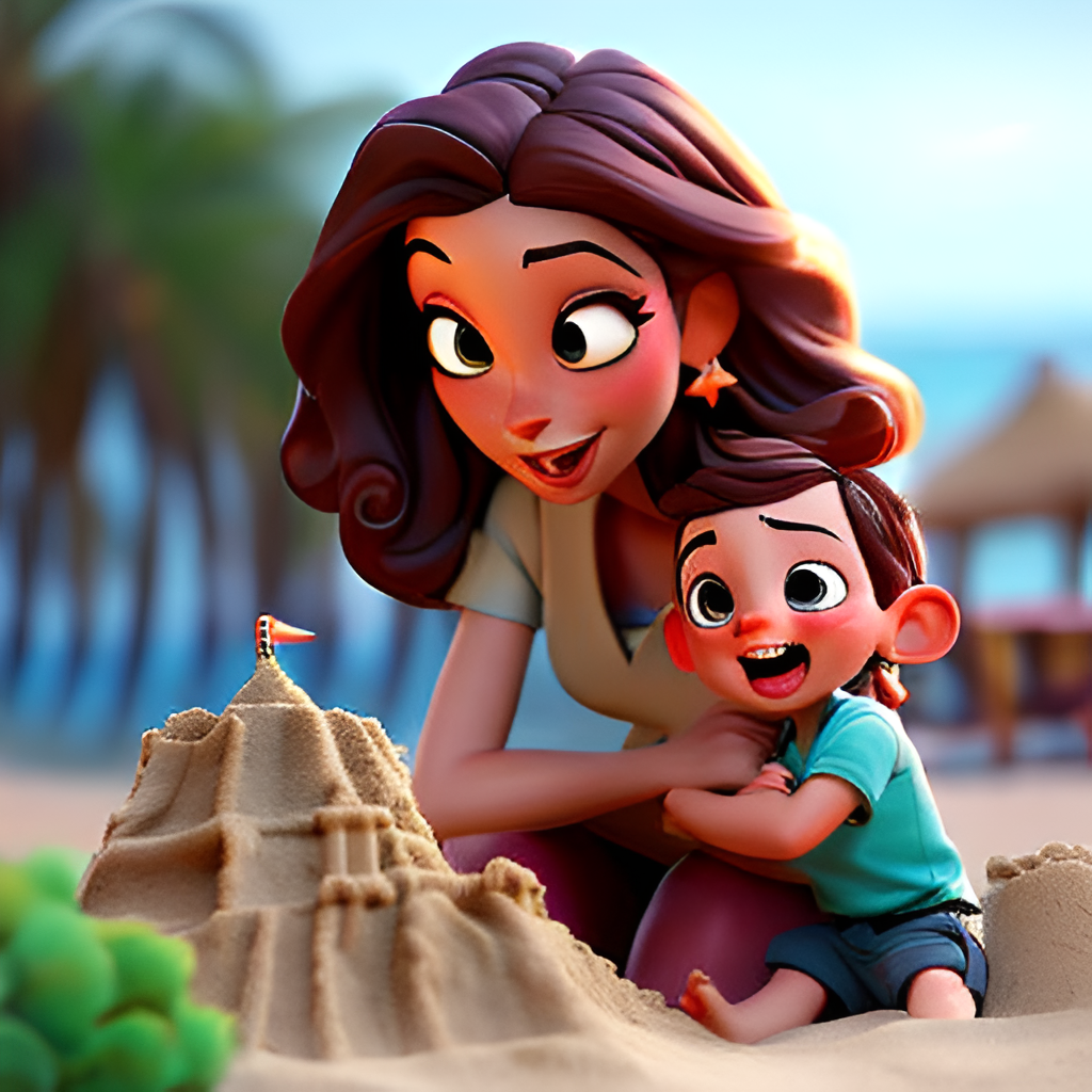 A parent and child happily engaged in building a sandcastle together.