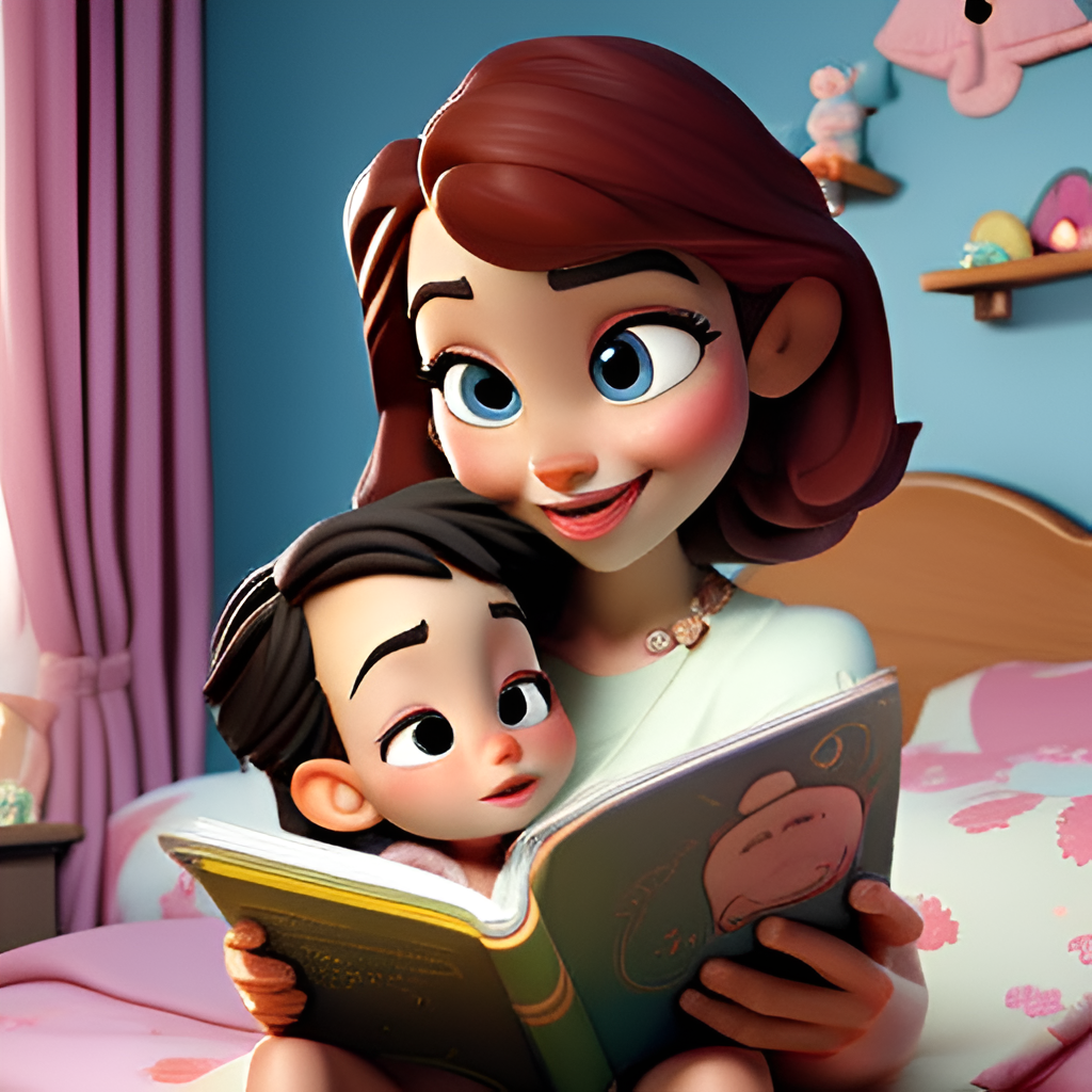 A parent reads a bedtime story to their child.